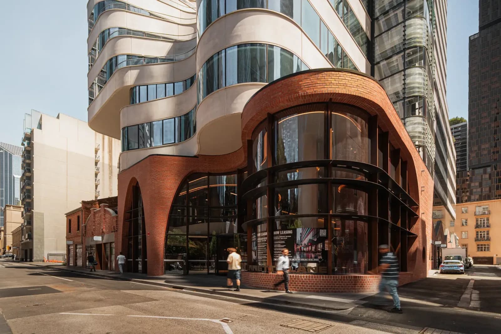 Bennetts Lane finished curved real-brick facade, clad with Nexbrick
