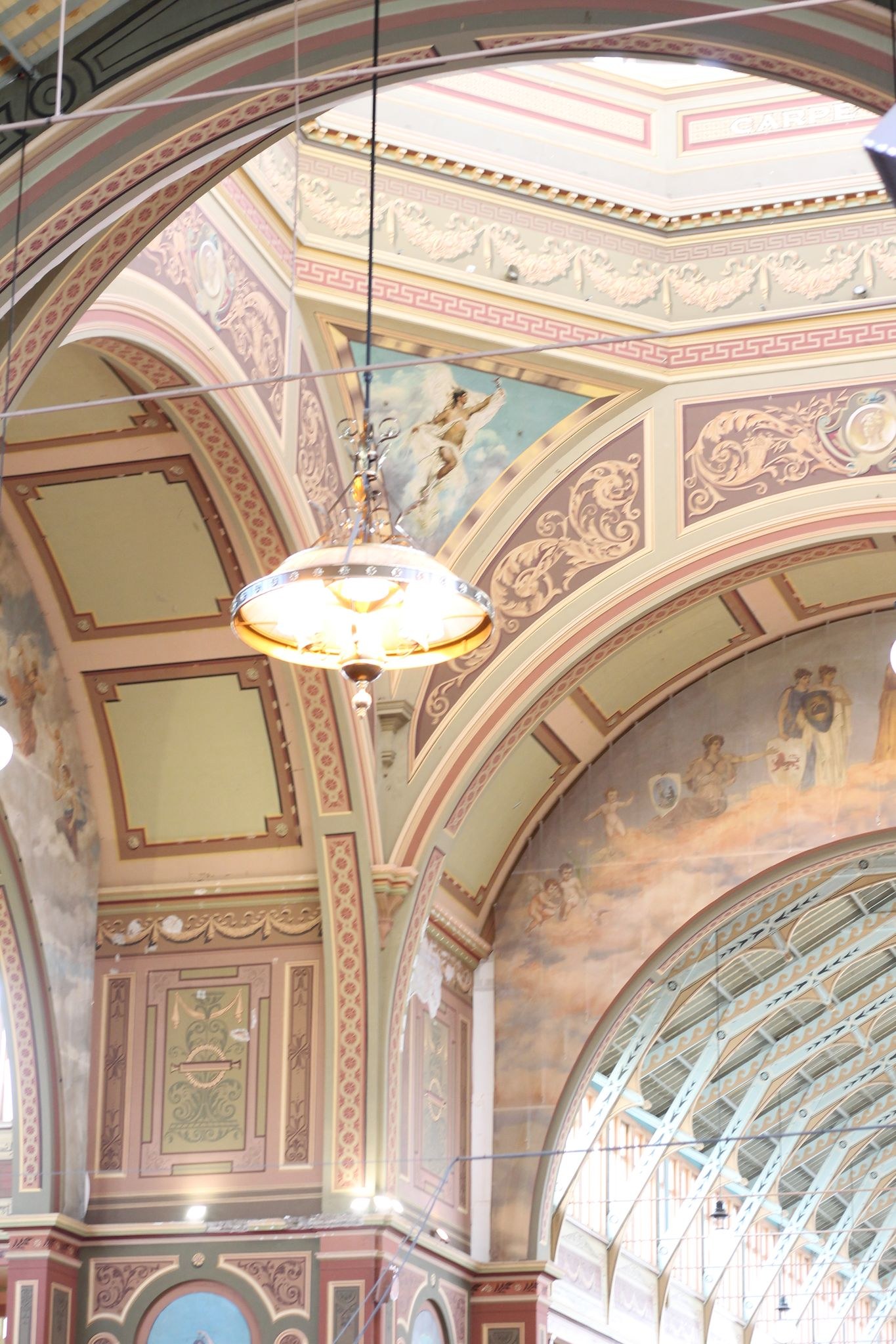 The ornate ceiling of the Royal Exhibition Building