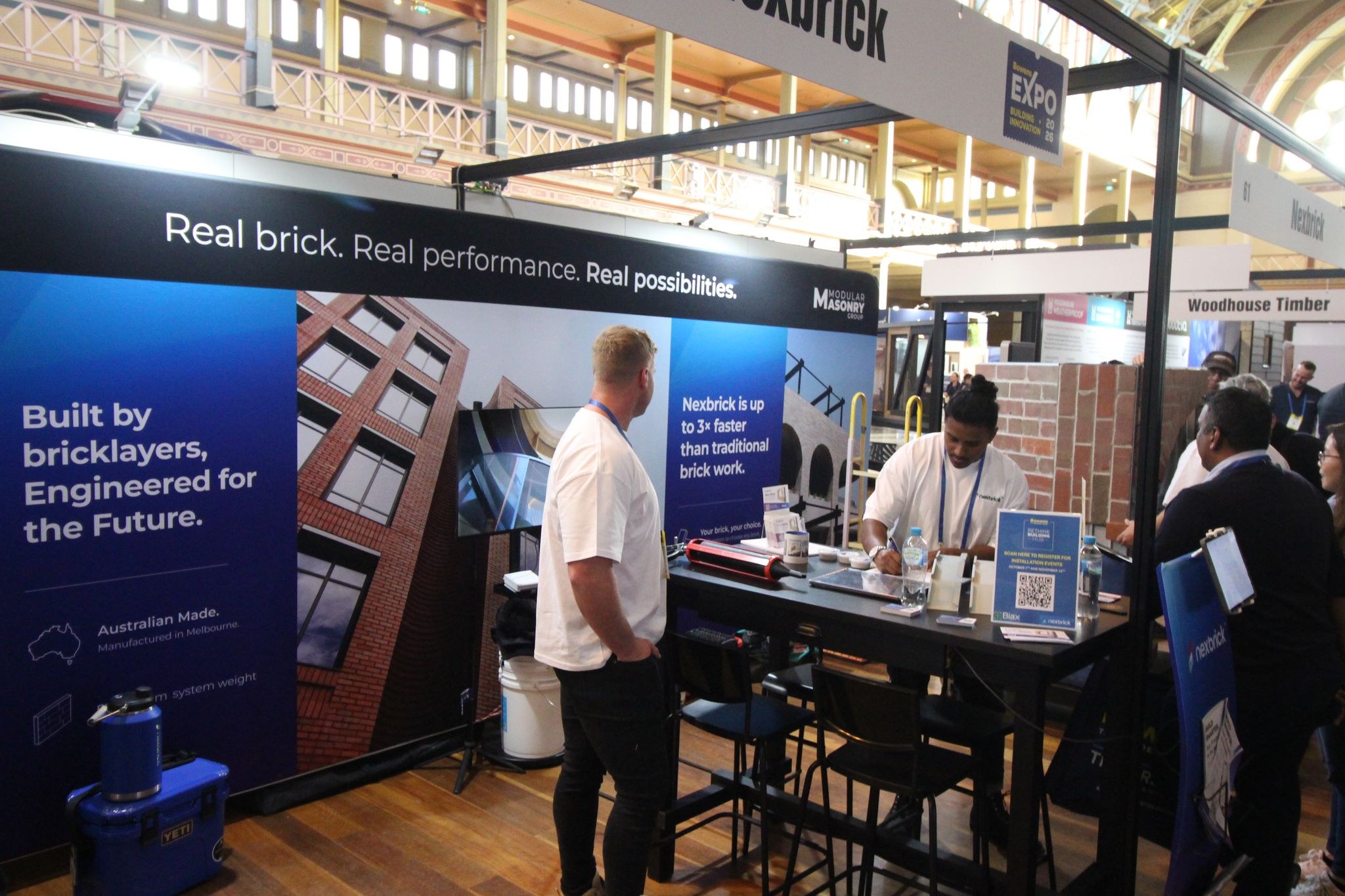 Nexbrick stand with display wall and banner at Bowens Expo 2026